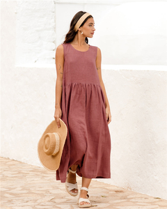 2025 Summer Casual High Quality Sleeveless 100% <strong>Linen</strong> Long <strong>Maxi</strong> <strong>Dress</strong> With Side Pockets - Product Image 4