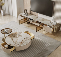 Table basse moderne ronde à cadre doré pour salon de luxe, meuble central avec plateau en marbre et verre, meuble TV sur pied