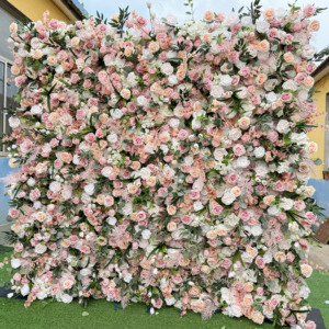 Fondo de Pared Enrollable con Cierre de Cremallera 5D, 8 pies x 8 pies, Hojas Verdes Rosadas, Pared Floral de Rosas de Seda Artificial, Pared de Flores Color Melocotón para Decoración de Bodas - Product Image 3