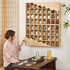 Solid Wood Lattice Shelf Wall Mounted Multi Compartment Display Rack For Teapots Teacups Tea <b>Leaves</b> Storage Living Room - Product Image 1