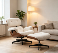 Fauteuil de détente moderne HR-1009-2 en bouclette avec repose-pieds, structure en contreplaqué courbé, base pivotante en aluminium, fauteuil de luxe pour la maison et l'hôtel