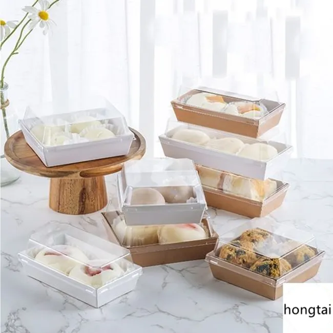 Kotak Kemasan Roti Kertas Kraft Kualitas Makanan Cetak Logo Kustom Kotak Makanan Kue Coklat dengan Tutup Plastik Transparan