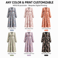 Robe midi col en V à marque privée, fabrication OEM ODM, manches bouffantes, boutons sur les poignets, fente avant, taille élastique et froncée à l'arrière