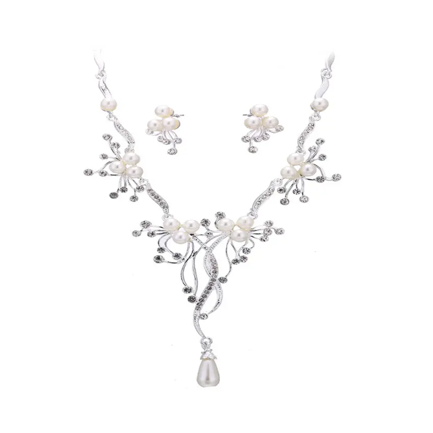 Trendy wedding jewelry display sets for women rhinestone pearls flower bridal jewelry set necklace earrings