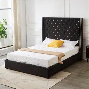 Muebles de dormitorio, cabecero trasero de ala, terciopelo negro, plataforma tapizada, cama con botón de cristal profundo, marco de cama Queen