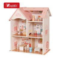 Maison de poupée en bois avec toit rose, 3 étages, 6 espaces de vie, plus 20 meubles pour les jeux imaginatifs des enfants W06A656B