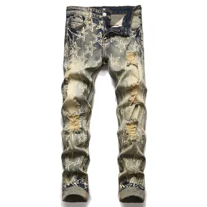 High Street Fashion Heren Jeans Persoonlijke Designer Stars Print Jeans Slim Fit Skinny Hole Distressed Broek