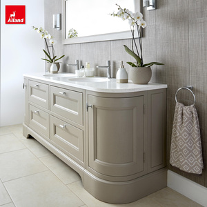 Meuble-lavabo de salle de bain incurvé en contreplaqué de luxe Allandgroup à double vasque pour chambres ou projets hôteliers, avec éclairage et vasque en dalle - Product Image 1