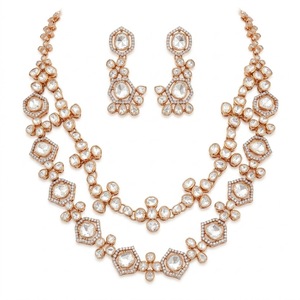 Parure de collier et boucles d'oreilles Kundan superposés en or rose, bijoux de mariée de luxe avec sertissage géométrique pour femme, bijoux de mariage - Product Image 1