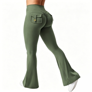 Women High Waist Elastic Waist Flare Yoga <b>Pants</b> with Back Pockets <b>Butt</b> <b>Lifting</b> Quick Dry Workout Leggings - Product Image 1