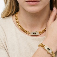 Bracelet et Collier Chaîne Miami Hip Hop en Laiton Plaqué Or 14K Personnalisable avec Fermoir Émaillé Iced Out pour Hommes et Femmes
