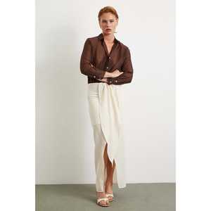 Jupe longue en lin pour femme, crème, taille normale, respirante, à nouer devant - Product Image 4