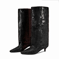 Newluhua femmes large mollet Grunge Western bottes froissé huilé PU cuir Slouch genou haut bout pointu chaton talon tirer sur
