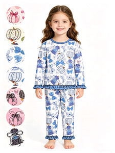 Pyjamas décontractés personnalisés pour petites filles, motif citrouille d'automne, 2 pièces, tenues de nuit, ensembles de vêtements pour sœurs, vente en gros pour boutiques - Product Image 1
