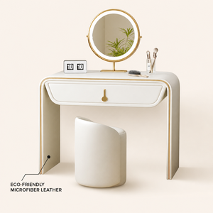 Table de toilette de luxe en bois massif, couleur crème, pour chambre à coucher, table de maquillage moderne minimaliste en cuir PU avec rangement - Product Image 3