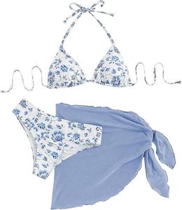 Women’s 3PCS Floral Print <b>Bikini</b> <b>Set</b> with Wrap Skirt Halter Triangle Swimwear - Product Image 4