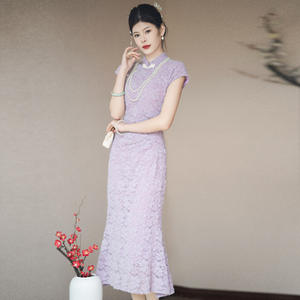 Robe Cheongsam en dentelle violette pour <span class=keywords><strong>femme</strong></span> Vintage Elegant Chinese Traditional Short Sleeve Dresses Light Ripe Style Qipao - Product Image 1