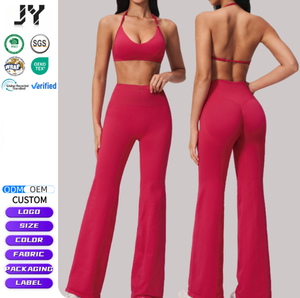 Conjunto Deportivo JY con Logotipo Personalizado para Mujer, Sujetador Deportivo sin Costuras con Espalda Descubierta, Pantalones Anchos <span class=keywords><strong>de</strong></span> Secado Rápido con Efecto Levanta Glúteos, para Yoga y Fitness al Aire Libre - Product Image 2