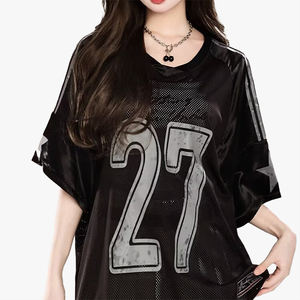 Women's Mesh Patchwork V-Neck Short <b>Sleeve</b> T-<b>Shirt</b> Summer Loose <b>Half</b> <b>Sleeve</b> Sporty Hiphop Jersey Style Top - Product Image 4