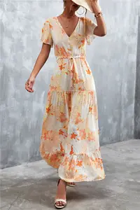 Popular Women's V-neck Button Waist Cinching Lace Up Printed Maxi Dress Clothing Manufacturers Custom