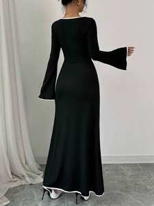 Abiti Casual da donna alla moda elegante da sera con colletto quadrato lavorato a <span class=keywords><strong>maglia</strong></span> manica lunga svasata produttore di abiti all'ingrosso - Product Image 5