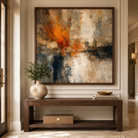 Peinture à l'huile abstraite orange vintage peinte à la main, texture beige et noire, art mural sur toile pour la décoration de hôtels de luxe, bureaux et salons