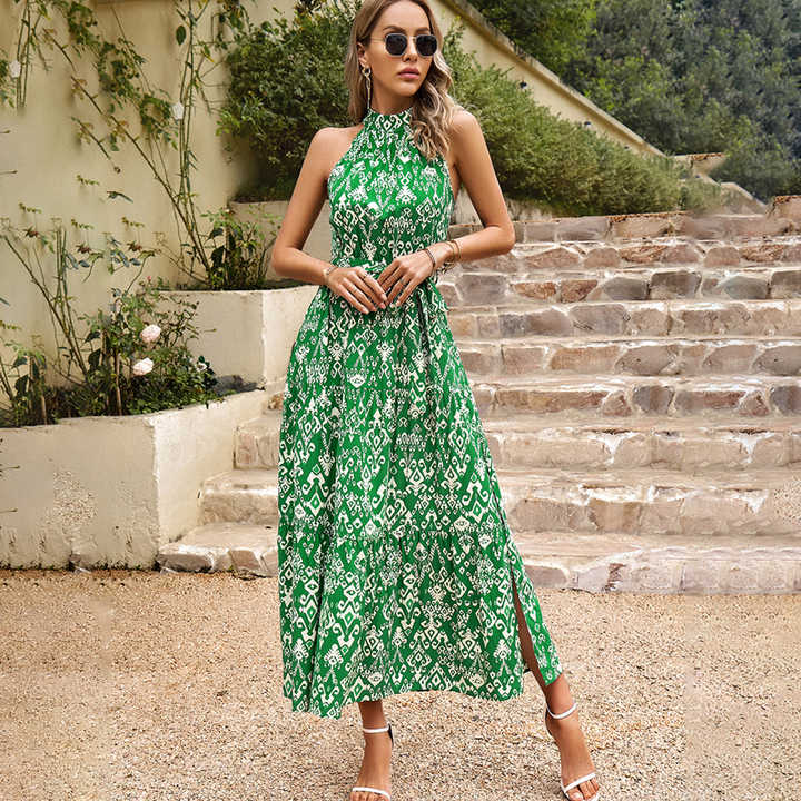 Maxi Dresses Green Casual Summer Dress Floral Maxi Dress Casual Halter  Style Summer Dresses TOWED22