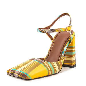 Sandales à talons hauts épais pour femme, grande taille 45, à bout carré, motif écossais, couleurs vives, pour soirée, avec bride à boucle en tissu, coupe large - Product Image 4