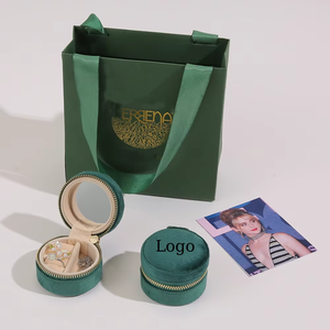 ELE QUEEN Modern Custom Logo Round Velvet Travel Jewelry <b>Box</b> Zipper Mirror <b>Mini</b> Luxury <b>Storage</b> Case for Rings Necklaces Earrings - Product Image 1