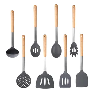 Manjia – ensemble d'ustensiles de cuisine en Silicone coloré, 8 pièces, manche en bois, cuillère à Spaghetti