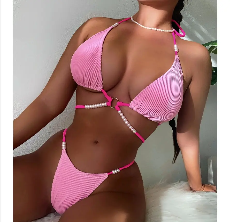 C789W Hot Pink Girls Bikini Set bernapas baju renang Bodysuit aktif dua potong gaya segitiga grosir panas Model Sexi