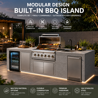 Meubles de cuisine extérieurs modulaires modernes de luxe en acier SUS304, étanches IPX4, avec barbecue, évier et rangement réfrigérateur