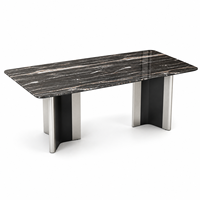 Table à manger rectangulaire moderne en marbre foncé avec pieds en acier inoxydable brossé bicolore, mobilier d'hôtel