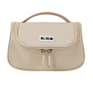 SENDA Customizable Simple Beige Nylon Stationery <b>Bag</b> with Smile Patch Zippered Pencil Case for <b>School</b> and Office Use - Product Image 1