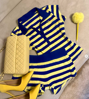 Vêtements d'été pour femmes, ensemble de 2 pièces en coton à rayures, t-shirt court avec boutons, ensemble de shorts contrastés MIAMI, ensembles streetwear pour femmes