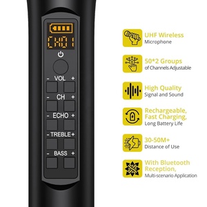 Système de microphone de karaoké dynamique sans fil UHF rechargeable à double micro avec contrôle des aigus, des basses et de l'écho - Product Image 4