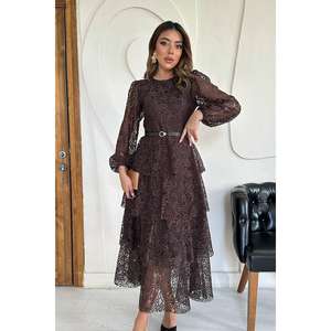 ชุดราตรีสีน้ำตาลทรงเอไลน์ ผ้าลูกไม้ คอโอ ซ้อนชั้นโปร่งบาง ผ้าชีฟองวินเทจ เอวธรรมชาติ แขนยาว - Product Image 2