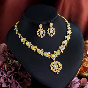 طقم مجوهرات فاخر للغاية مطلي بالذهب ومرصع بالزركونيا المكعبة بلون أصفر زيتوني للنساء، للمشاركة في الخطوبة وحفلات الزفاف والولائم - Product Image 5