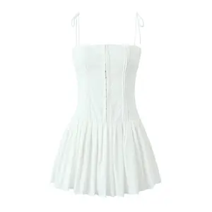 Spaghetti strap white color cotton casual fashion women pleated mini slip dress