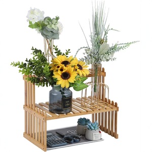 <b>Mini</b> Bamboo Desktop Flower Stand 2 Tier Storage Rack For <b>Desk</b> Office Windowsill Planter - Product Image 1