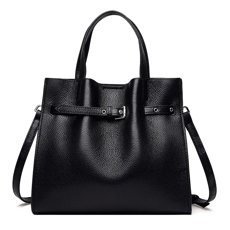 Large capacity Women's Black Original Cow Leather Tote Hand Bag with Custom Printed Logo