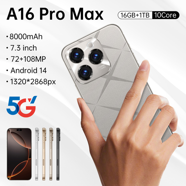 A 16 Pro Max Smartphone 7.3inch Large Screen 5G Dual Sim 8000mAh Battery 1TB Large Storage Android Phone