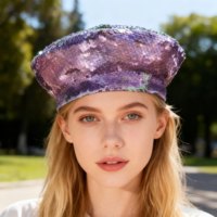 Vente en gros, 3 MOQ, chapeau béret à paillettes irisées réversibles violettes, pour festivals de musique, soirées, plage, extérieur, unisexe