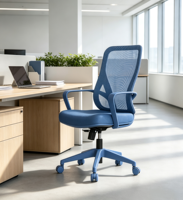Chaise de bureau ergonomique moderne à dossier mi-haut en maille, pivotante, avec accoudoirs fixes, hauteur réglable, tissu respirant et base en acier pour usage professionnel