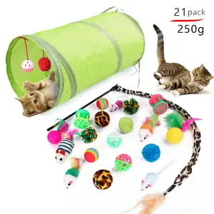 Teasing stick plush mouse 21 pieces pet cat play toy portable folding cat tunnel gift set
