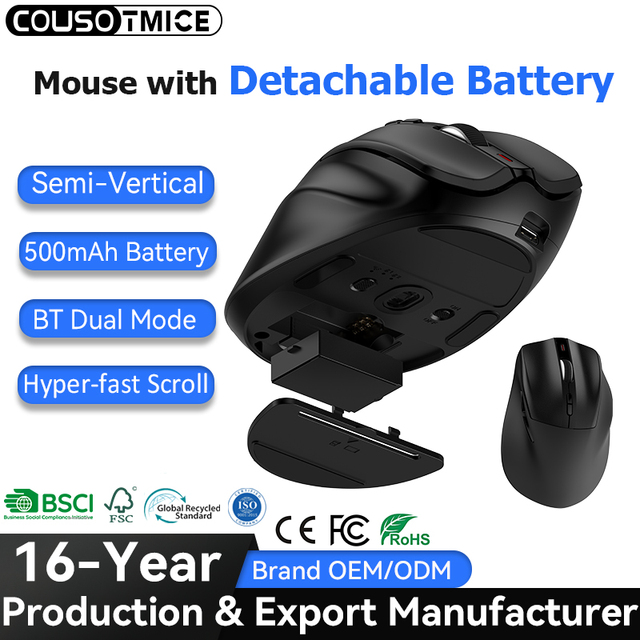 2026 Newest Detachable Lithium Battery Wireless Mouse Ergonomic Mice Hyper-fast Scrolling Quiet Click Bluetooth Vertical Mouse