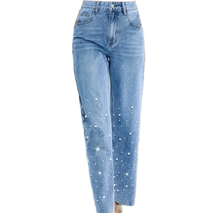 <span class=keywords><strong>Jean</strong></span> en denim pour <span class=keywords><strong>femme</strong></span> à jambe droite orné de perles, respirant, délavé foncé, de luxe, coupe décontractée ample - Product Image 2