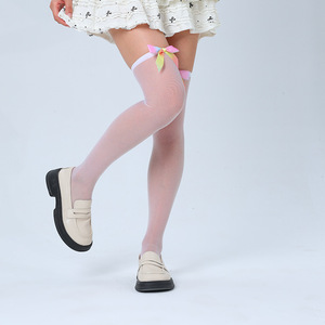 White Knee <b>Socks</b> With Colorful Bows Ultra Thin 0D Transparent Solid Color <b>Polyester</b> Women's Youth <b>Socks</b> - Product Image 1