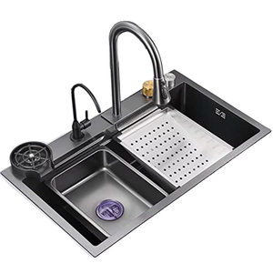 SUS304 wastafel dapur air terjun Stainless Steel, wastafel bawah mangkuk ganda dengan Rinser kaca multifungsi dan papan pengering pintar - Product Image 3