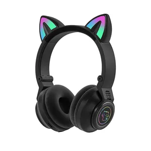 Auriculares inalámbricos con orejas de gato para mujeres y niñas, audífonos plegables con TWS y micrófono, con LED brillante, novedad de 5,0